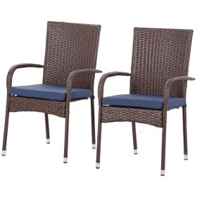Outsunny Contemporary Stacking Patio Chair: Blue Wicker with Cushion for Elegant Outdoor Dining|