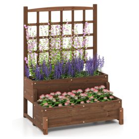 Raised Garden Bed with Trellis 2-tier Wood Planter Box with Drainage Holes