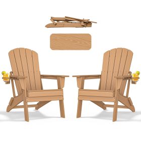 HDPE Folding Adirondack chair with Cup Holder, 2Pack (Color: Teak)