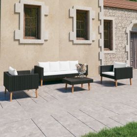 4 Piece Patio Lounge Set with Cushions Poly Rattan Black (Color: Black)