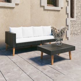 2 Piece Patio Lounge Set with Cushions Poly Rattan Black (Color: Black)
