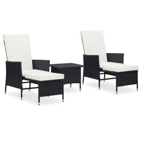 3 Piece Patio Lounge Set with Cushions Poly Rattan Black (Color: Black)
