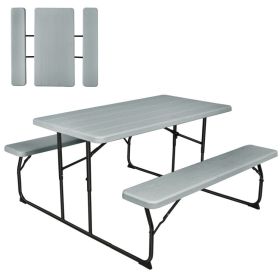 Indoor and Outdoor Folding Picnic Table Bench Set with Wood-like Texture (Color: Gray)