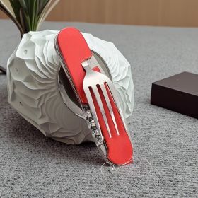 Stainless Steel 6-in-1 Multi-Tool Cutlery Set, Folding Pocket Knife with Fork, Spoon, Can Opener, Corkscrew, and Bottle Opener (Color: Red)