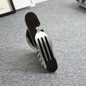Stainless Steel 6-in-1 Multi-Tool Cutlery Set, Folding Pocket Knife with Fork, Spoon, Can Opener, Corkscrew, and Bottle Opener (Color: Black)